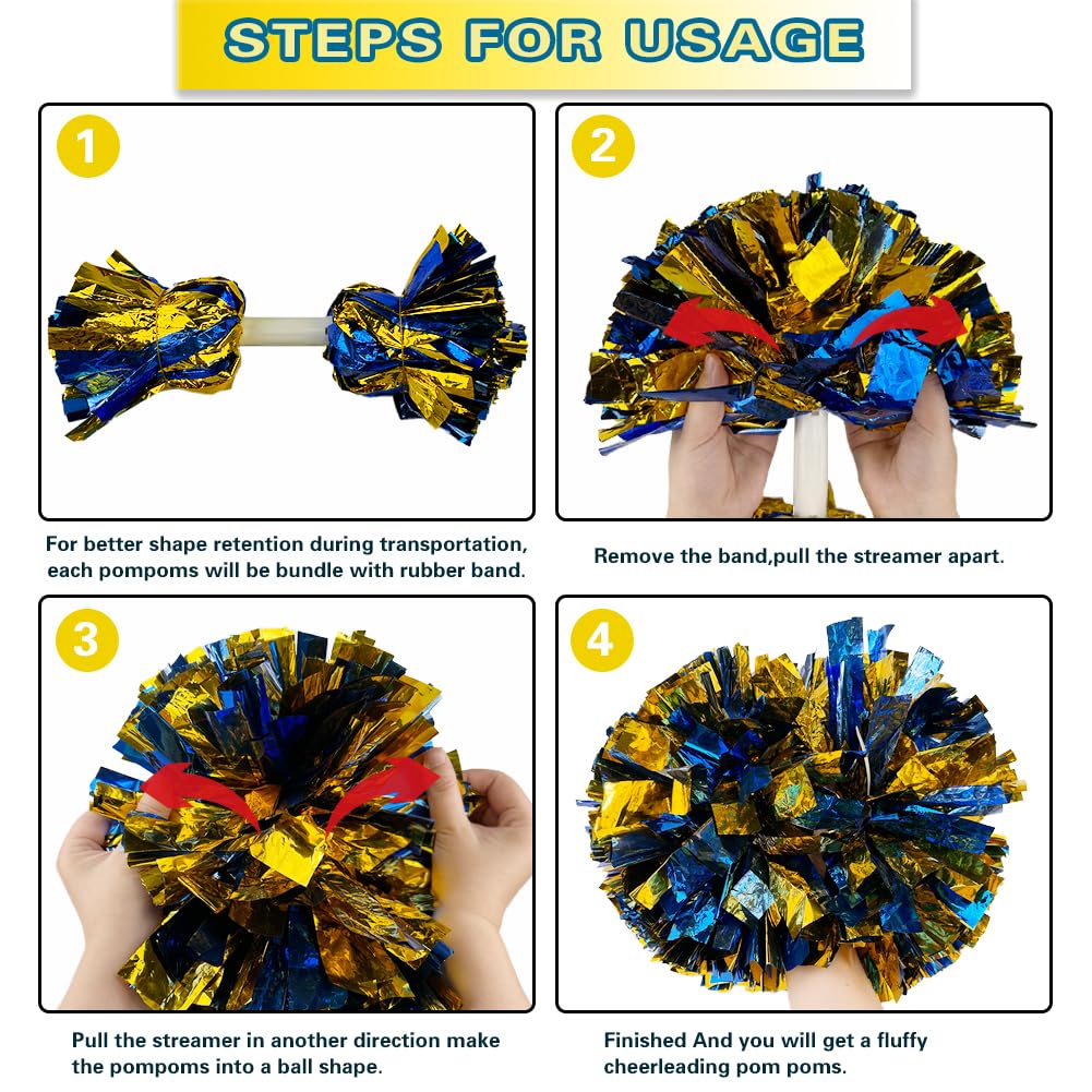 Lovecheer 2Pcs Pom Poms Cheerleading Blue And Gold Metallic Cheer Pom Poms With Baton Handle For Sports Team Spirit Party Cheeri