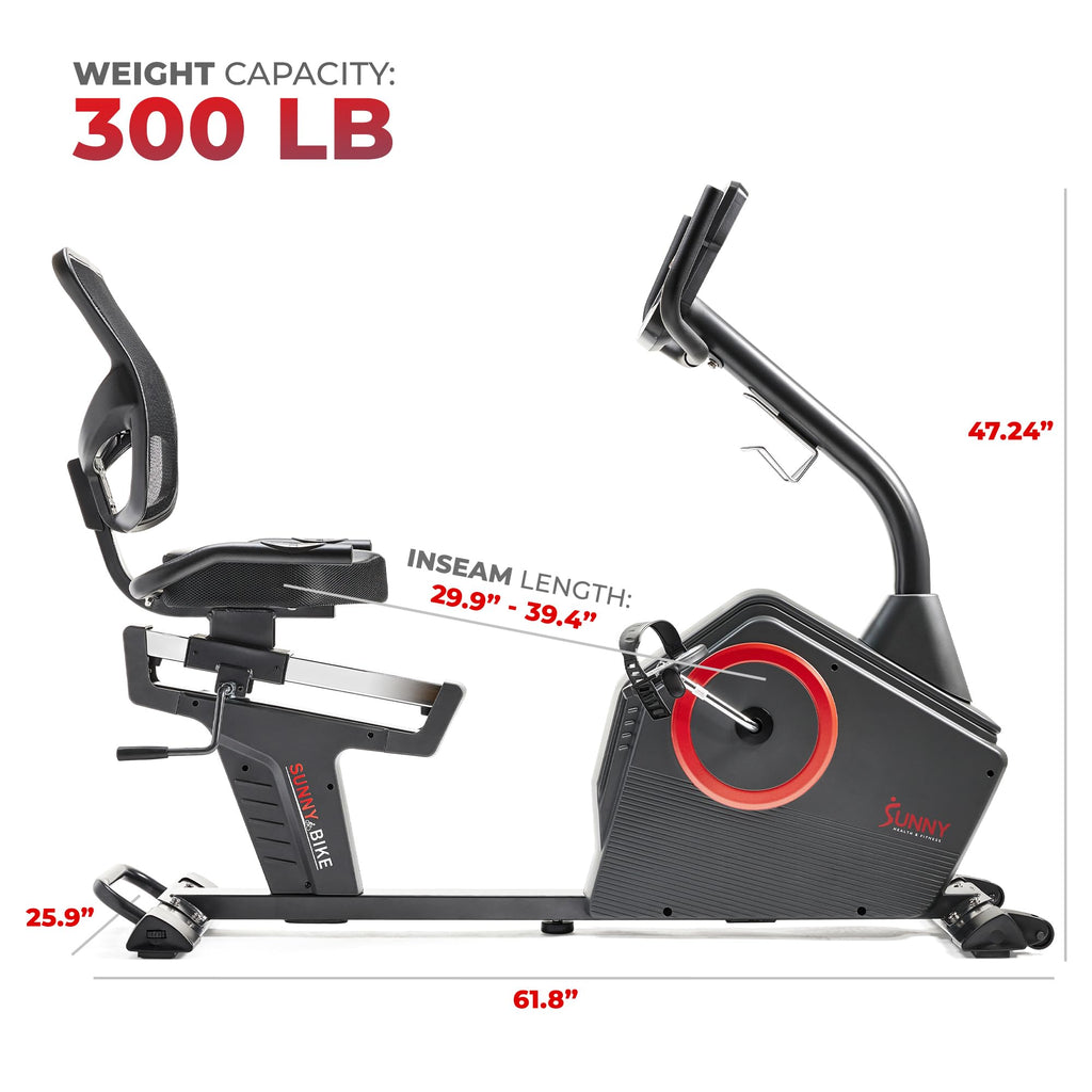 Sunny Health & Fitness Programmable Electro-Magnetic Resistance Recumbent Exercise Bike With 16 Levels Of Resistance, 300 Lbs We