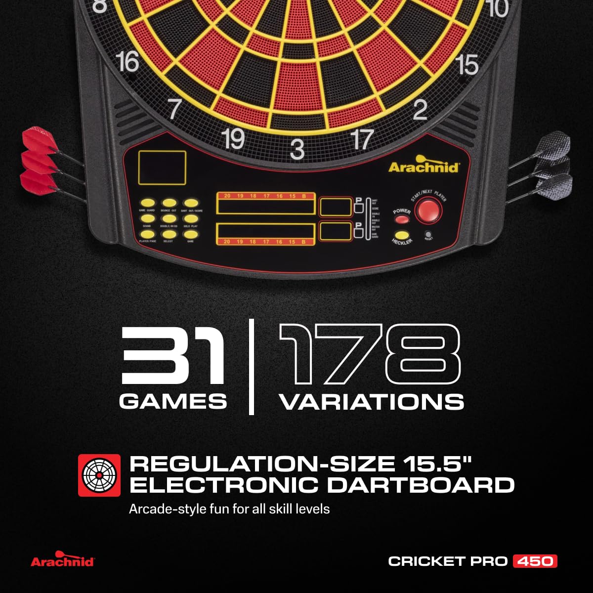 Arachnid CricketPro 450 Electronic Dartboard - 15.5    Regulation Size - 31 Games & 178 Variations - Multi-Color LED Display - A
