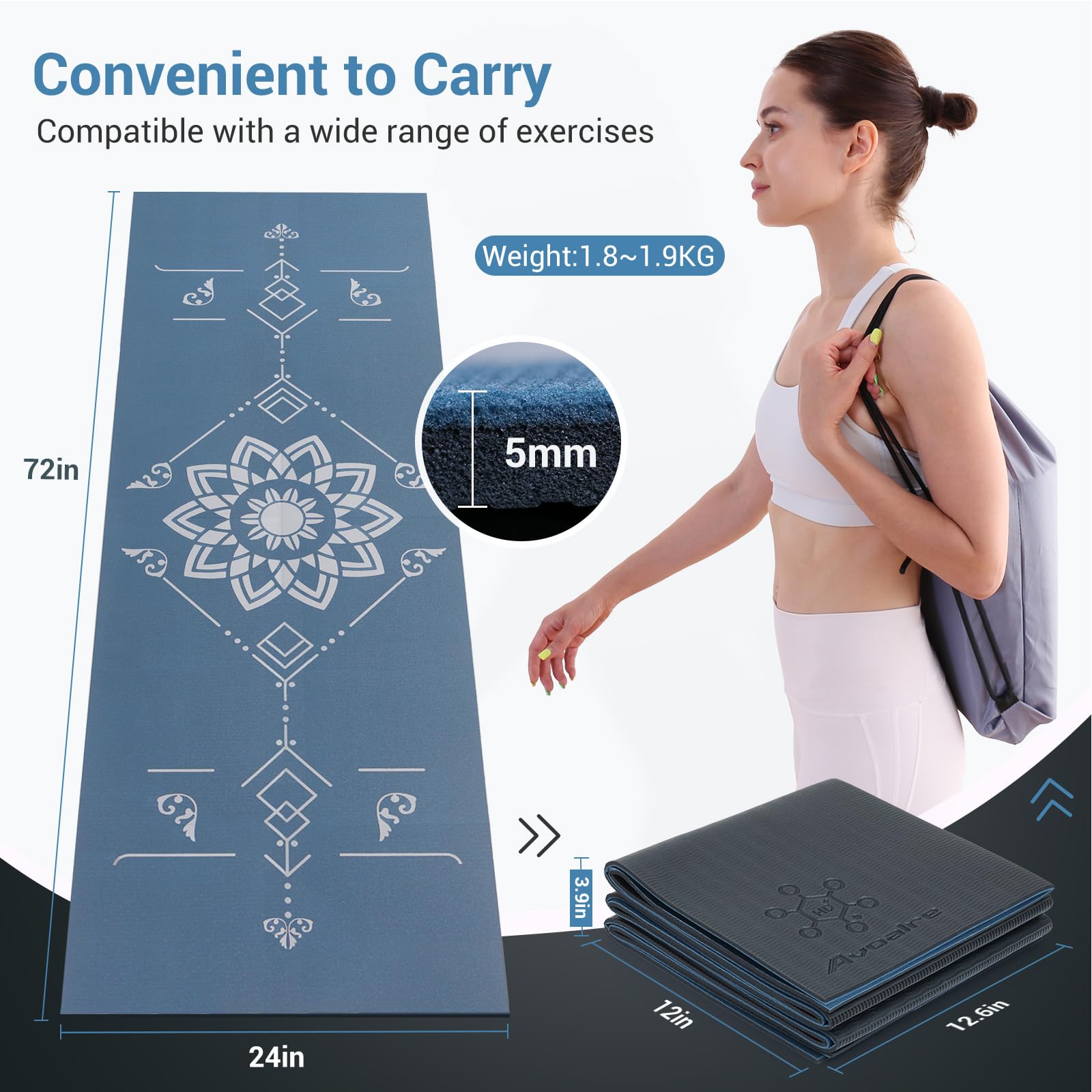 Avoalre Foldable Travel Yoga Mat Print | 5Mm Thick Folding Pilates Mat | Non-Slip High Density Floor Exercise Mat For Home Worko