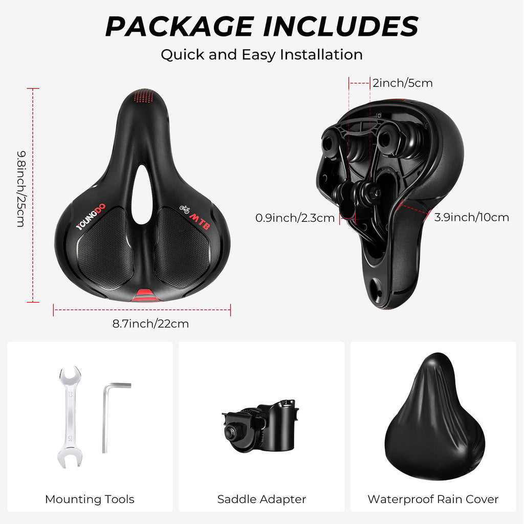 Youngdo Bike Seat - Comfortable Gel Foam Padded Leather Bicycle Seat, Wide Bike Saddle Cushion For Women And Men, Universal Fit,