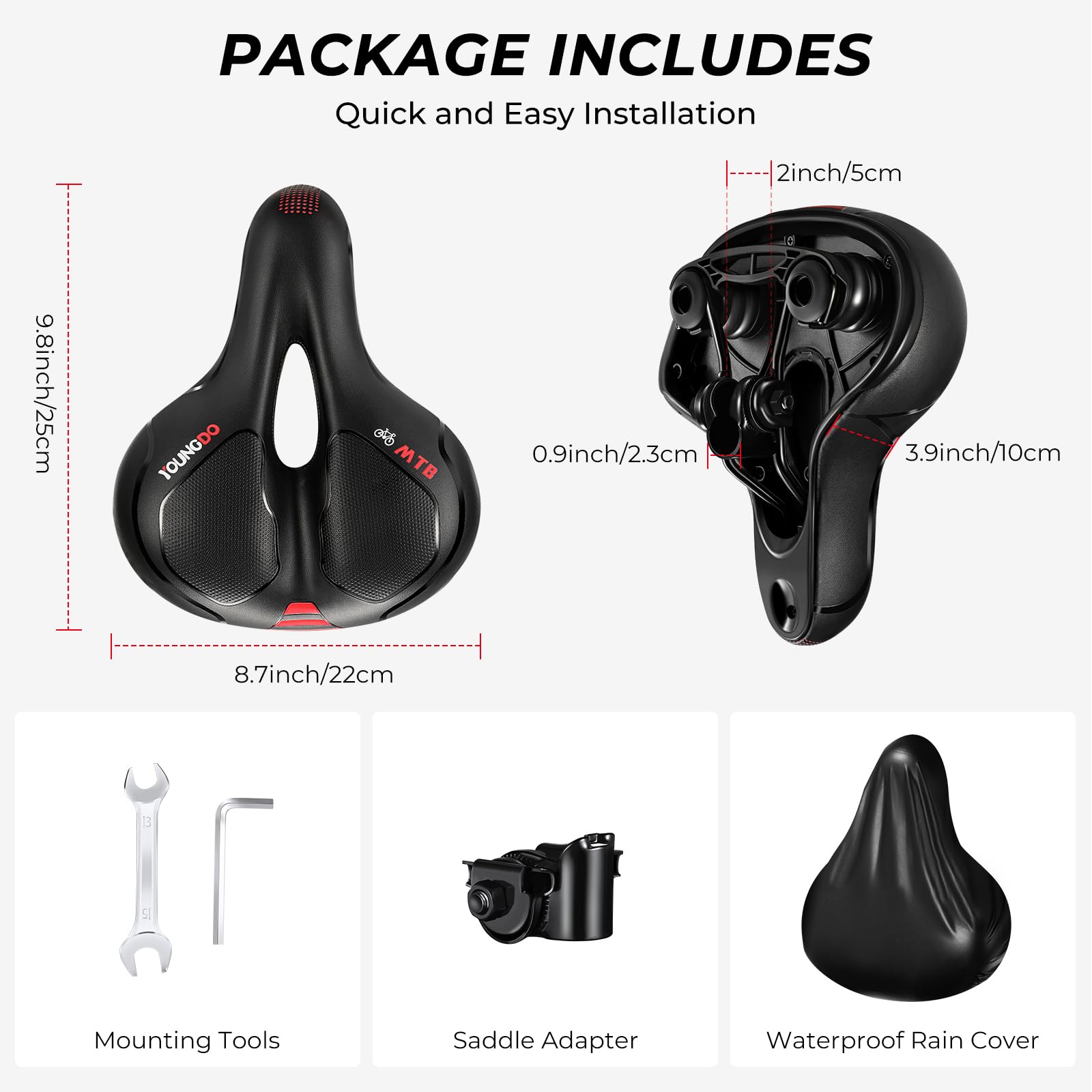 Youngdo Bike Seat - Comfortable Gel Foam Padded Leather Bicycle Seat, Wide Bike Saddle Cushion For Women And Men, Universal Fit,