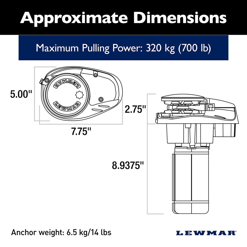 Lewmar V700 12V Vertical Windlass For 1/4'' G4 Chain, Fall Safe Gypsy, Maximum Pull 700 Lbs., 316 Stainless Steel Construction,