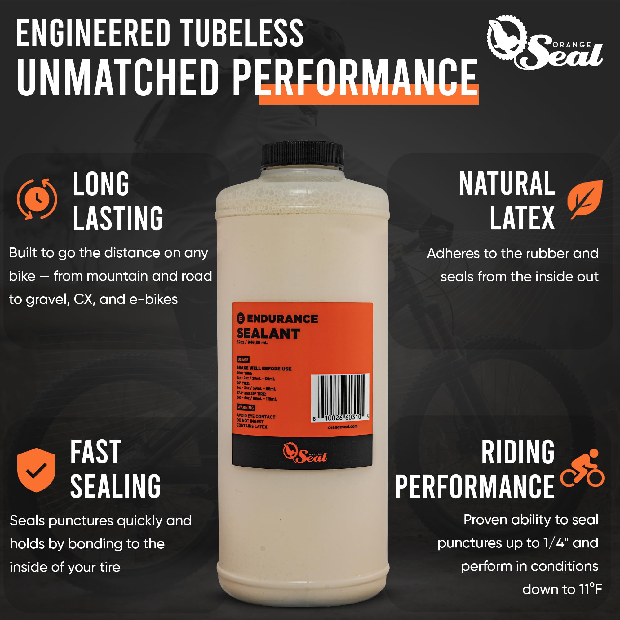 Orange Seal Endurance Formula Bicycle Tire Sealant For Road, Mountain Bike, Cx, Bmx, And Tri Bikes (32 Oz)