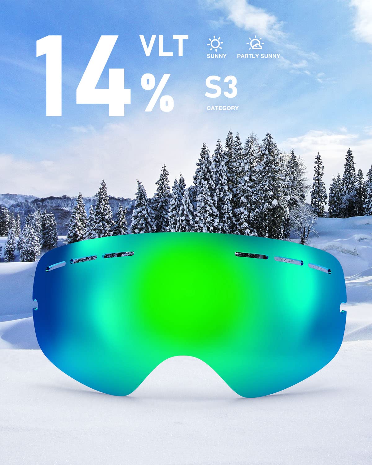 Zionor X Ski Snowboard Snow Goggles Replacement Lenses (Vlt 14% Revo Green Lens)