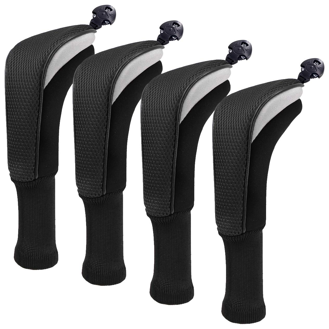 Golf Club Sock Long Neck Mesh Hybrid Putter Headcover Head Covers Interchangeable W/No. Tag (Black 4Pcs)