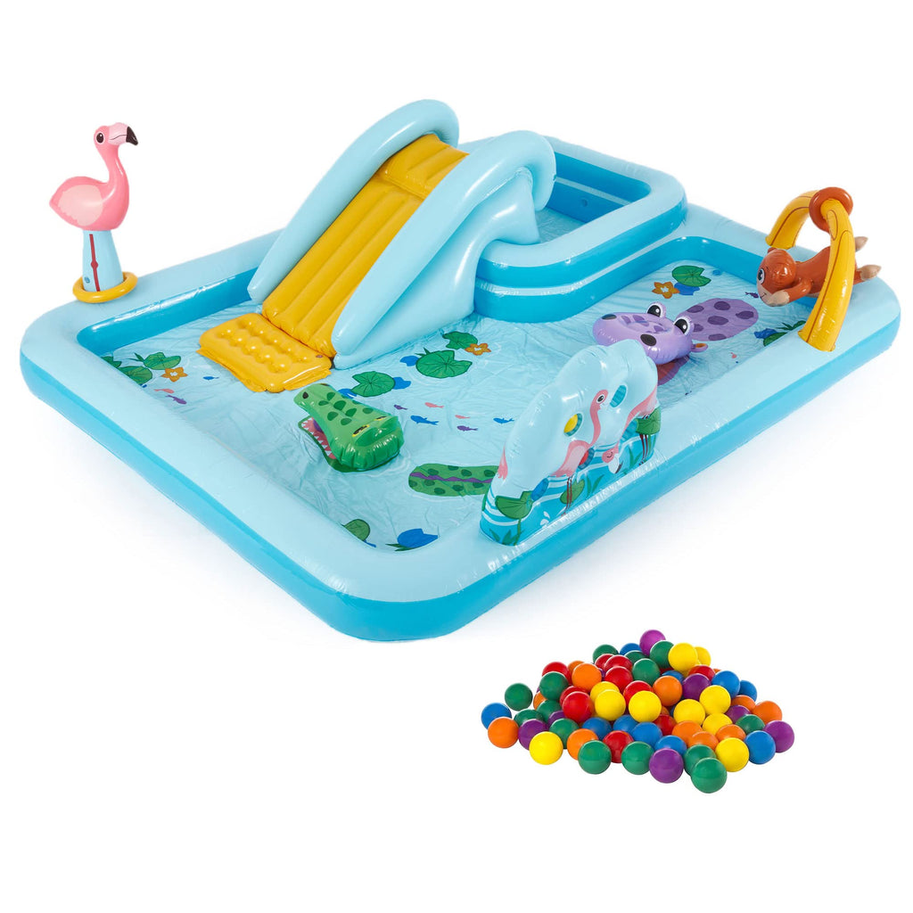 Intex 96 X 78 X 28 Ft Inflatable Jungle Adventure Play Center Spray Kiddie Pool & Small Plastic Multi-Colored Fun Ballz For Ball