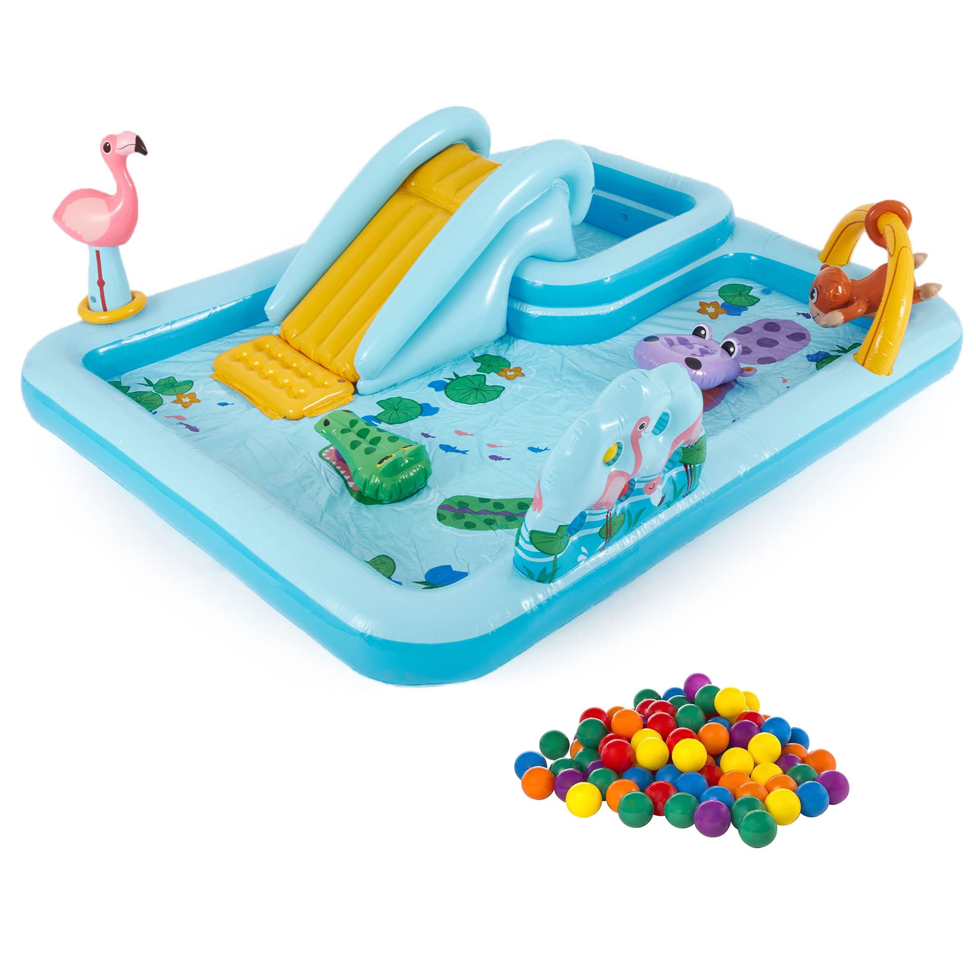 Intex 96 X 78 X 28 Ft Inflatable Jungle Adventure Play Center Spray Kiddie Pool & Small Plastic Multi-Colored Fun Ballz For Ball