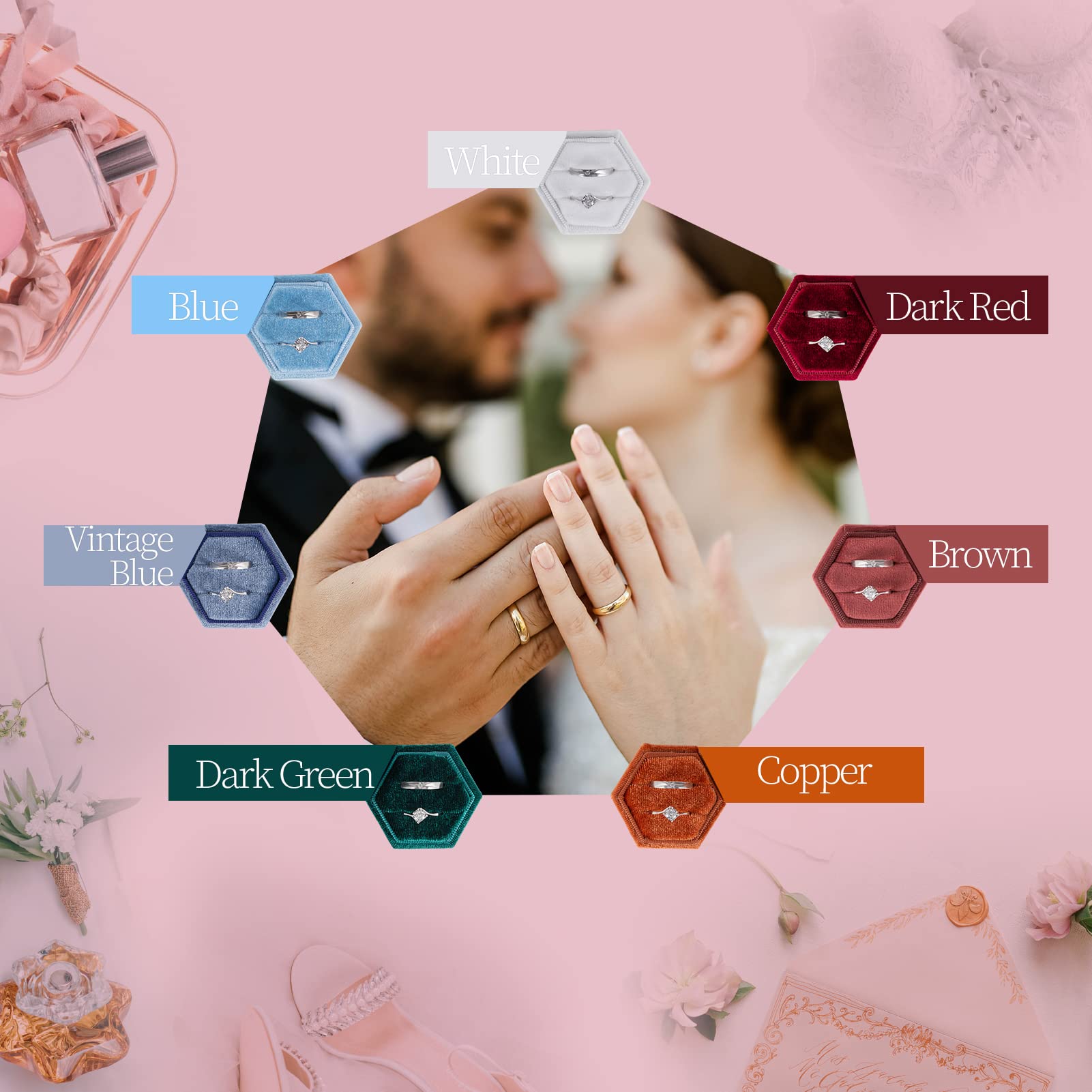 Smileshe Ring Box, Velvet Jewelry Boxes For Proposal Engagement Wedding Ceremony, Hexagon Mini Double Ring Slot Bearer Case With