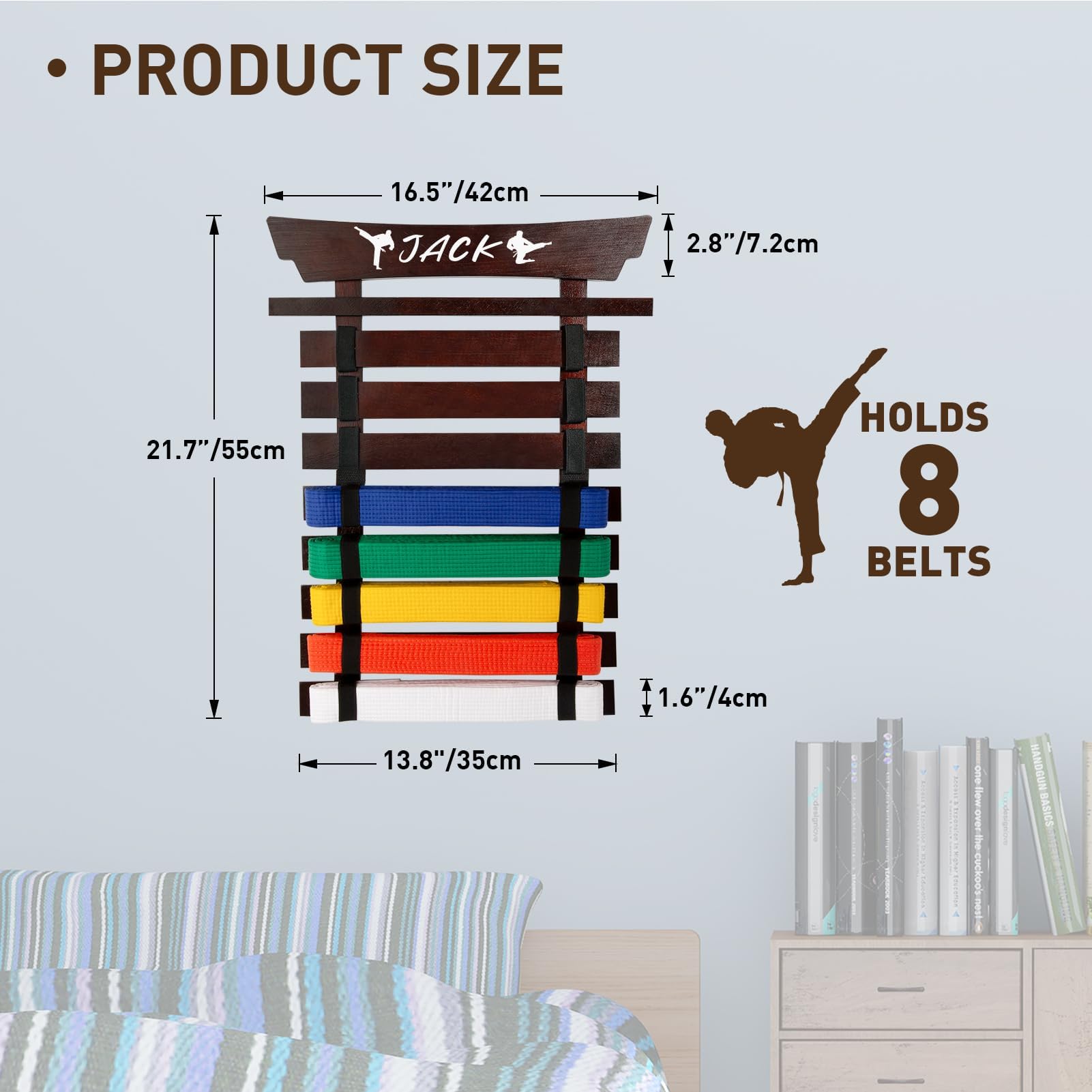 Winartton 8 Belts Karate Belt Display Rack With Stickers, Martial Arts Belt Display Holder, Taekwondo Belt Jiu Jitsu Belt Bjj Be