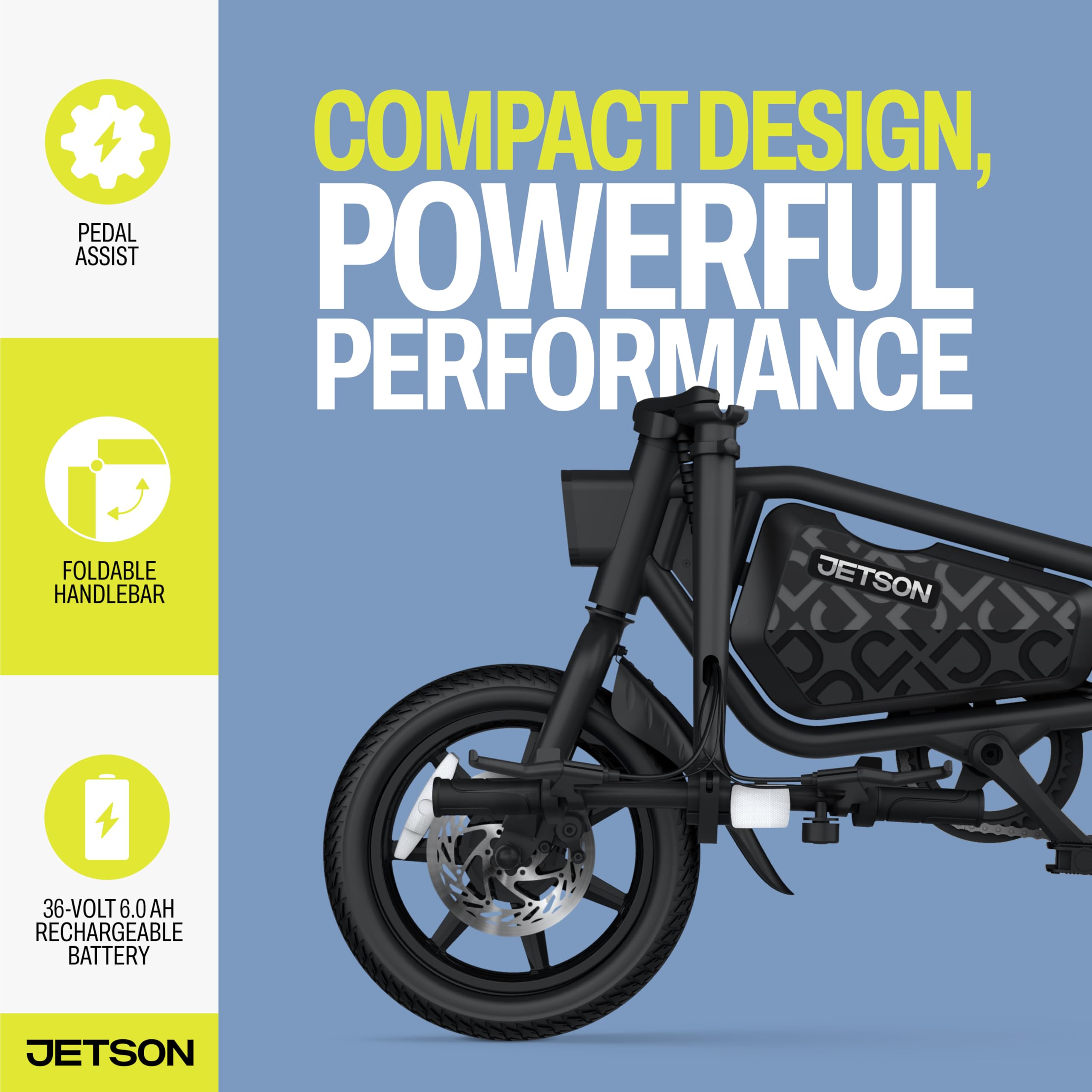 Jetson Bolt Pro Max Electric Bike, Pedal Assist, Foldable, Built-in Carrying Handle, Lightweight Frame, LED Headlight, Cargo Rac