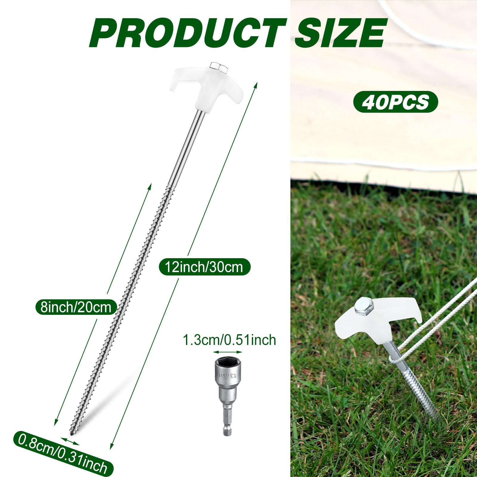 Hicarer 40 Pcs 12 Inch Tent Stakes Screw In Camping Stakes Heavy Duty Metal Spikes Ground Anchor Peg Threaded Tent Spikes With H