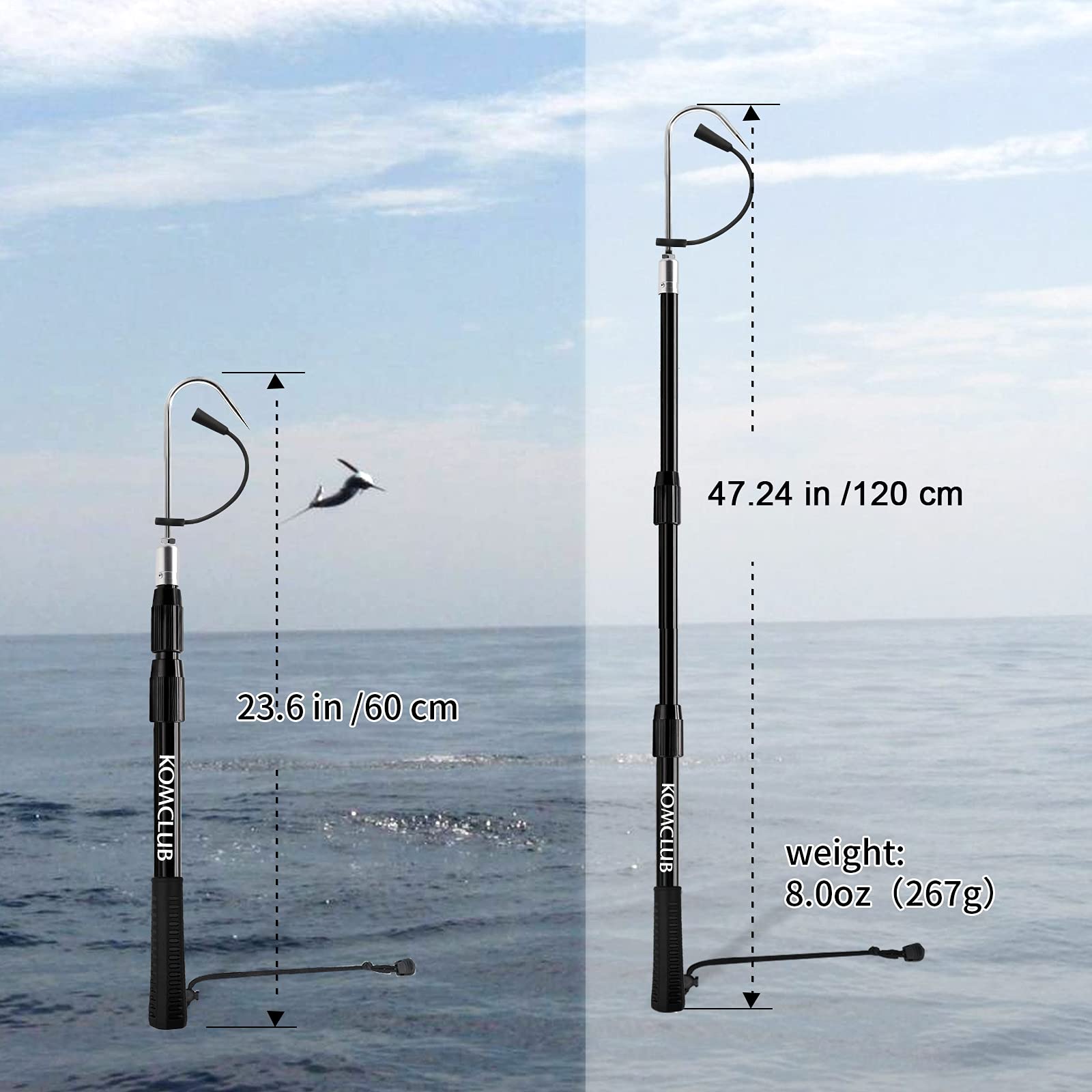 Komclub Telescopic Fishing Gaff With Super Sharp Spear Hook Lightweight Hand Fish Gaff With Soft Rubber Nonslip Handle And Lanya