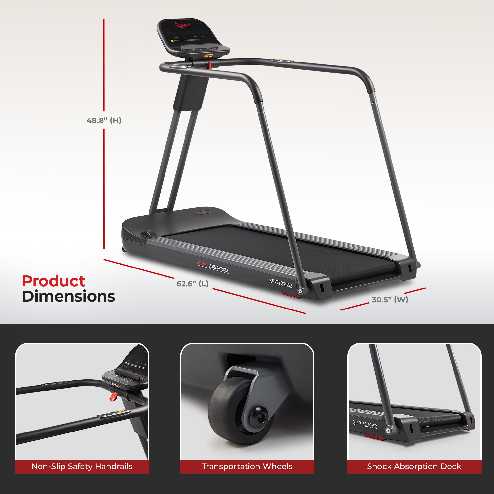 Sunny Health & Fitness Endurance Cardio Running Walking Treadmill with Extended Safety Handrails, Low-Impact, Low Wide Deck and