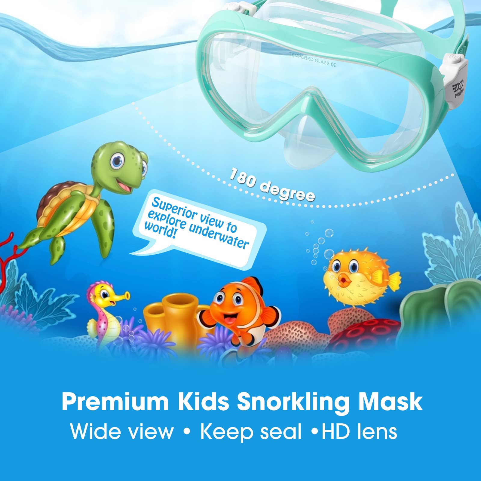 Kids Snorkel Swim Mask, Child Diving Mask Anti-Fog Swim Goggles With Nose Cover For Snorkeling Diving Swimming (Aqua)