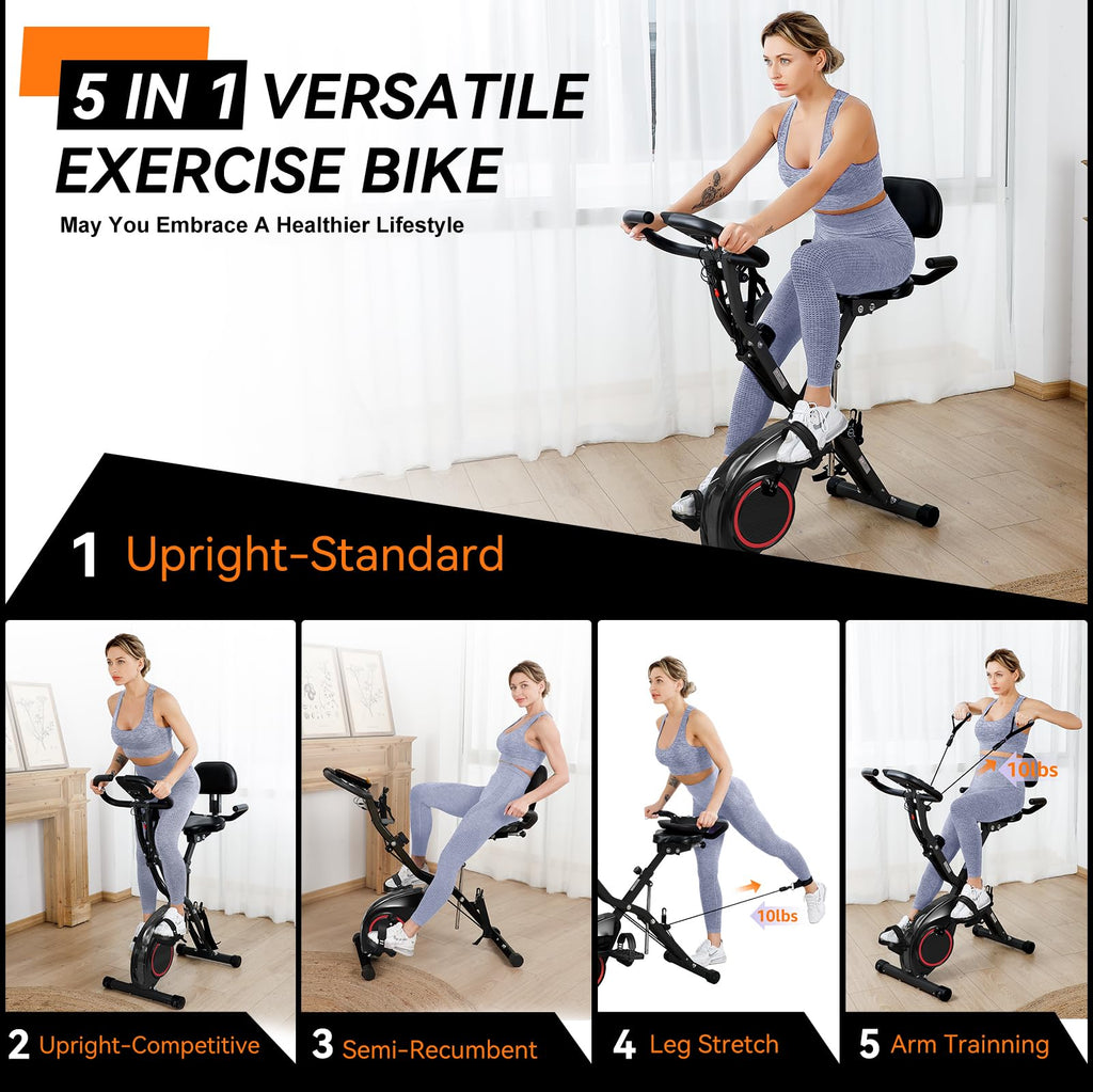 Foldable Exercise Bike Stationary Bikes for Home, 5 IN 1 Indoor Workout Bike, with 16-Level Quiet Magnetic Resistance, 6.6 LBS F
