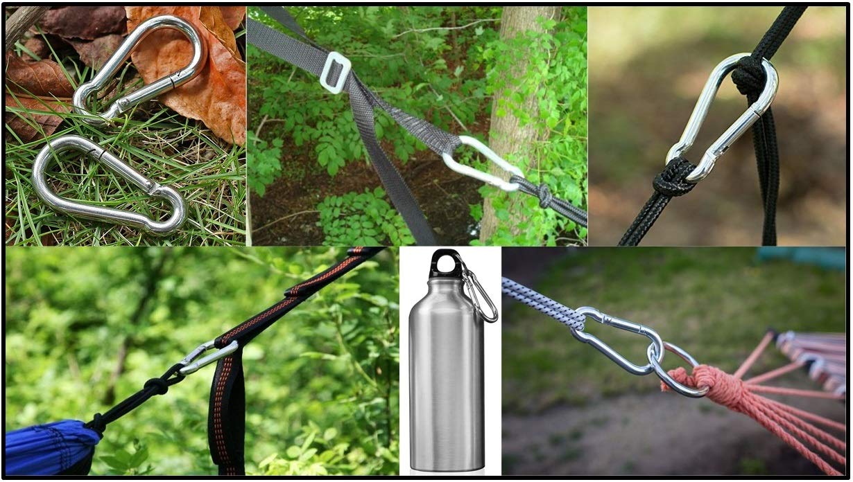 Branded Boards Black & Silver Heavy Duty Zinc-Galvanized Steel Carabiner Spring Snap Clip Link Hooks. 200-400Lb Load. 6 Packs, 1