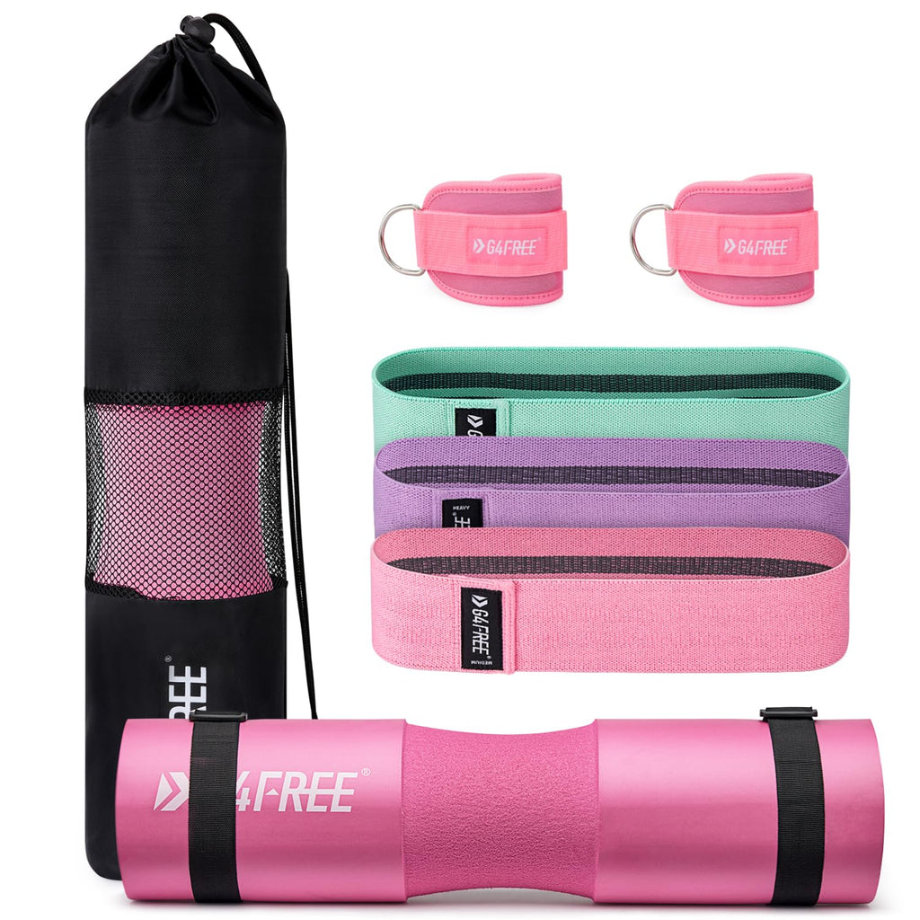 G4Free 7Pcs Barbell Pad Set For Squat, Hip Thrusts, Lunges Standard Olympic Bars With 2 Gym Ankle Safety Straps, 3 Hip Resistanc