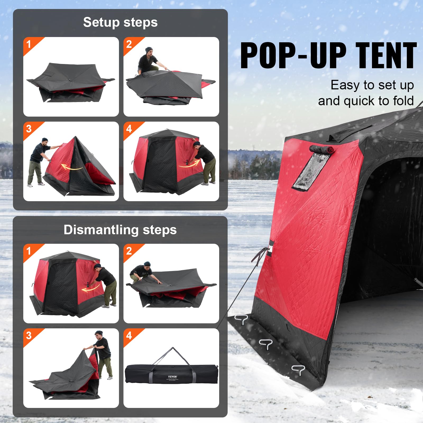 Vevor Pop Up Ice Fishing Tent, 4-6 Person Large Insulated Shelter, 87X79X78 50Sq Ft Fishing Area, Portable Hub-Style Shanty For