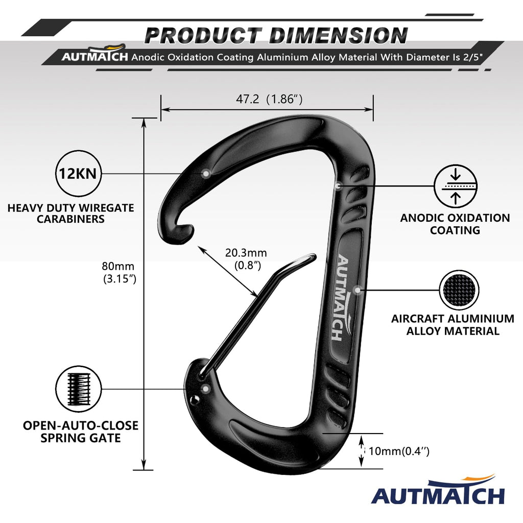 Autmatch Carabiner Clips, 3'' Aluminium Spring Snap Hook Caribeener Clips, 12Kn Heavy Duty Wiregate Carabiners For Camping, Back
