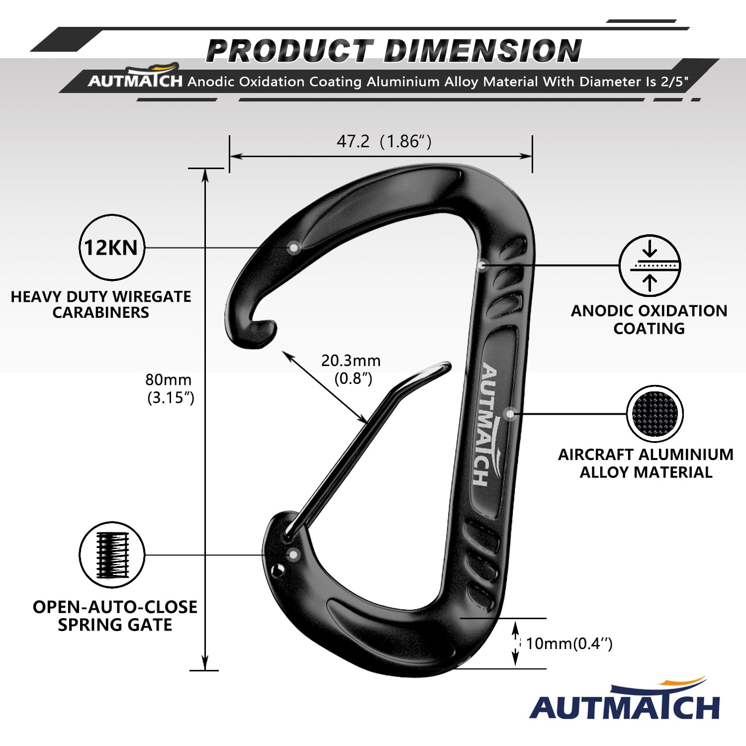 Autmatch Carabiner Clips, 3'' Aluminium Spring Snap Hook Caribeener Clips, 12Kn Heavy Duty Wiregate Carabiners For Camping, Back