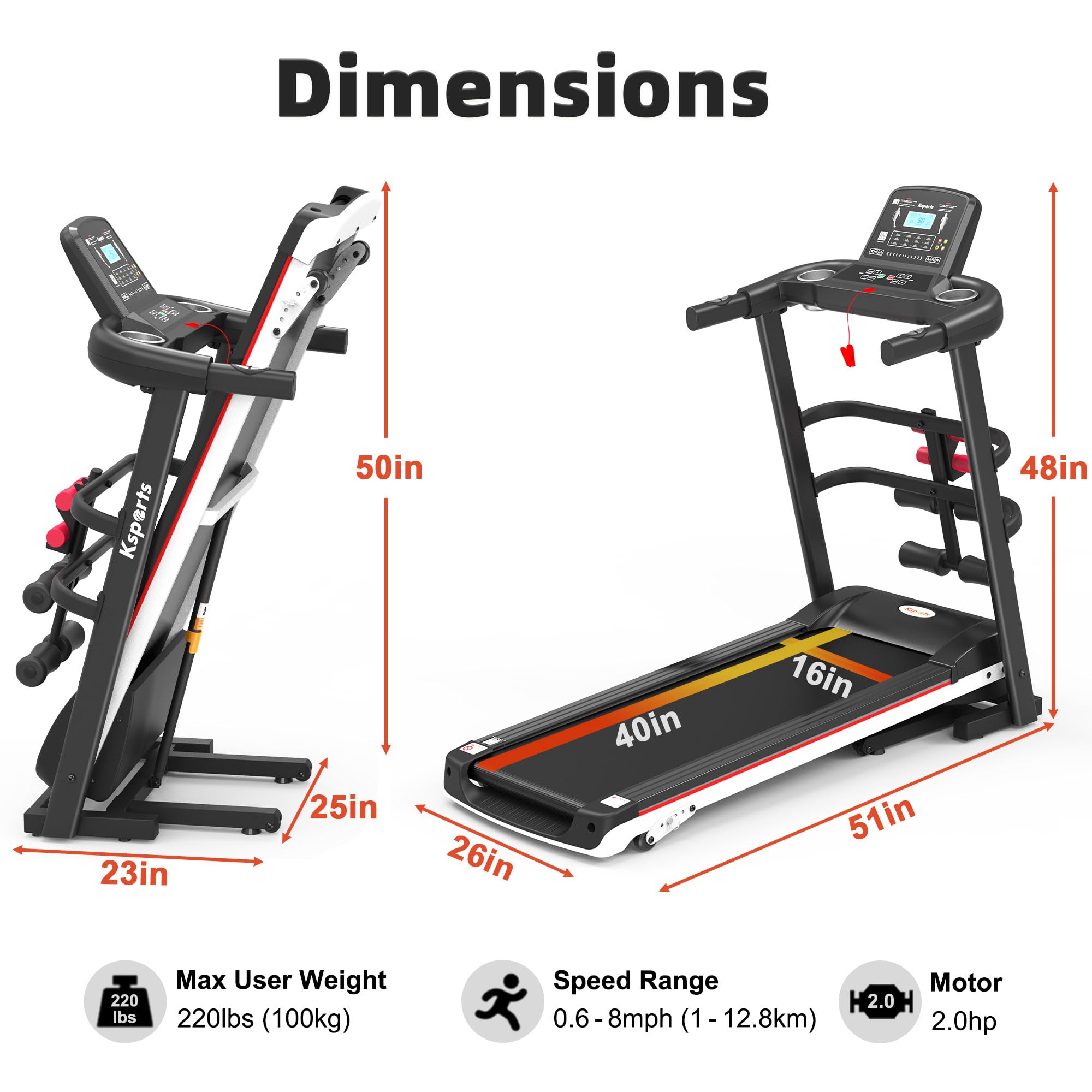 Ksports Foldable 16 Inch Wide Home Treadmill W/Bluetooth Connectivity, Kinomap, Zwift & Fitshow Fitness Tracking Apps, Music, 4