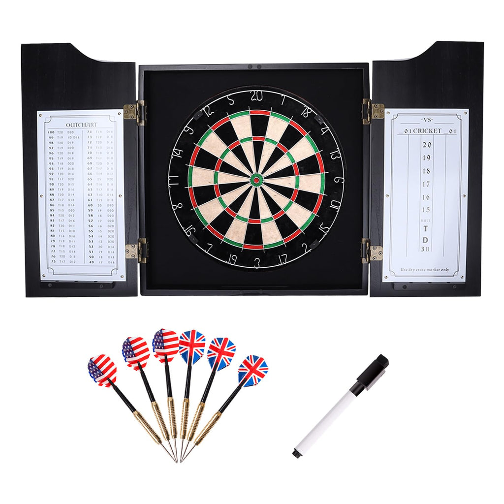 Gse Professional Solid Wood Classic Dartboard Cabinet With Sisal/Bristle Dartboard, Dart Scoreboard, And 6 Steel Tip Darts, Easy