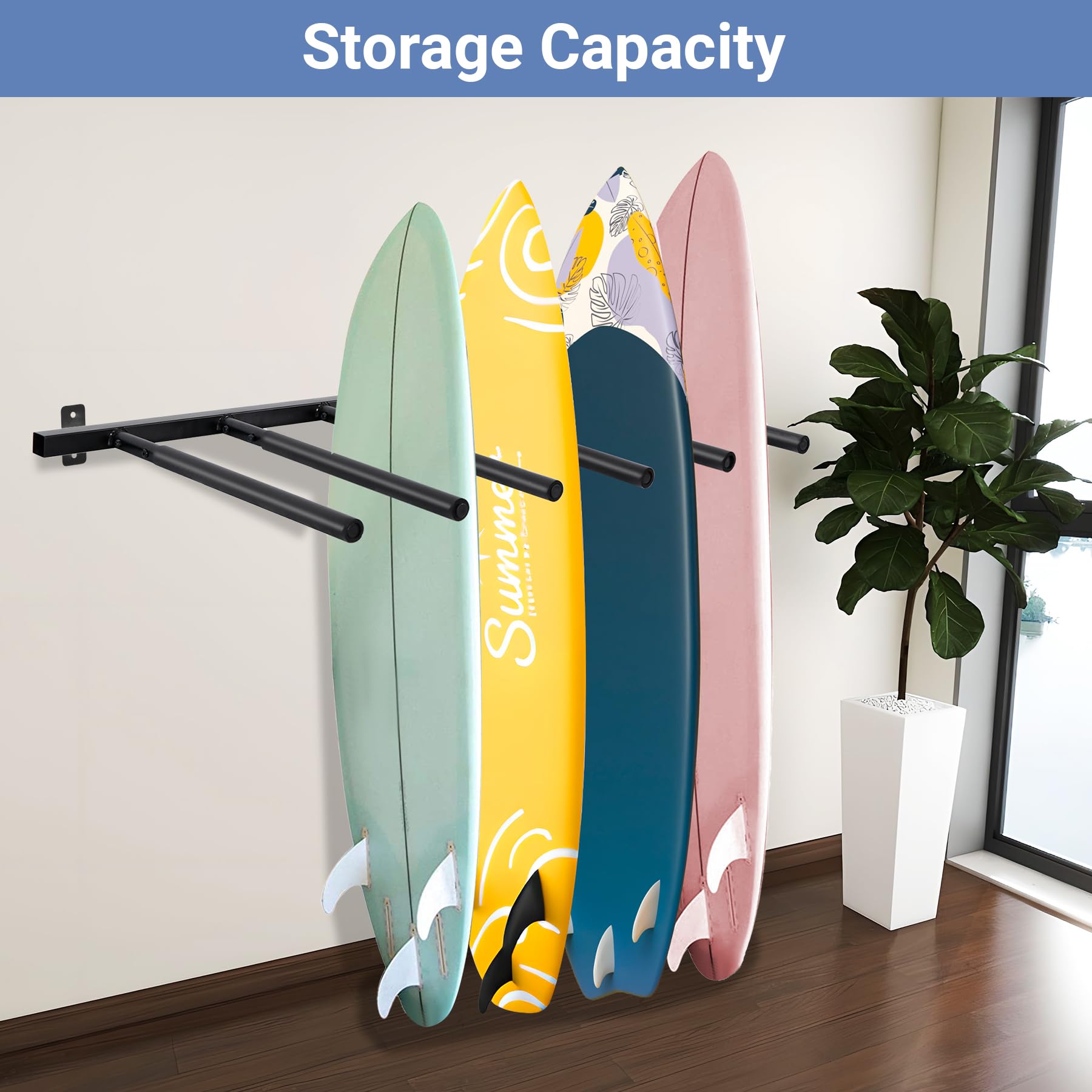 Neorexon Surfboard Rack Wall Mount 6 Arms, Surfboard Rack For Wall With Rubber Mat, Vertical Paddle Board Storage Holds 6 Boards