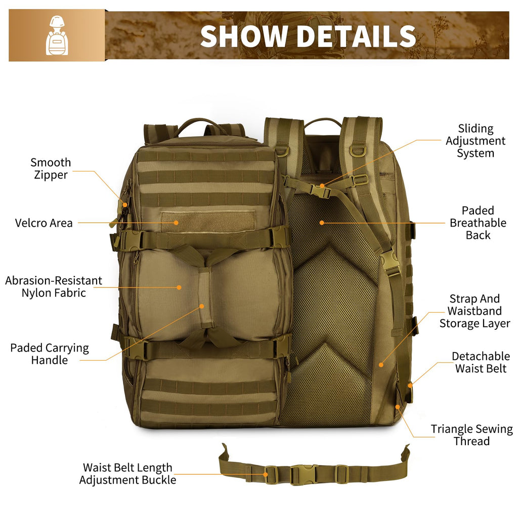Huntvp 60L Tactical Military Backpack Gear Sport Outdoor Assault Pack Rucksack Bag For Hunting Camping Trekking Travel,Brown