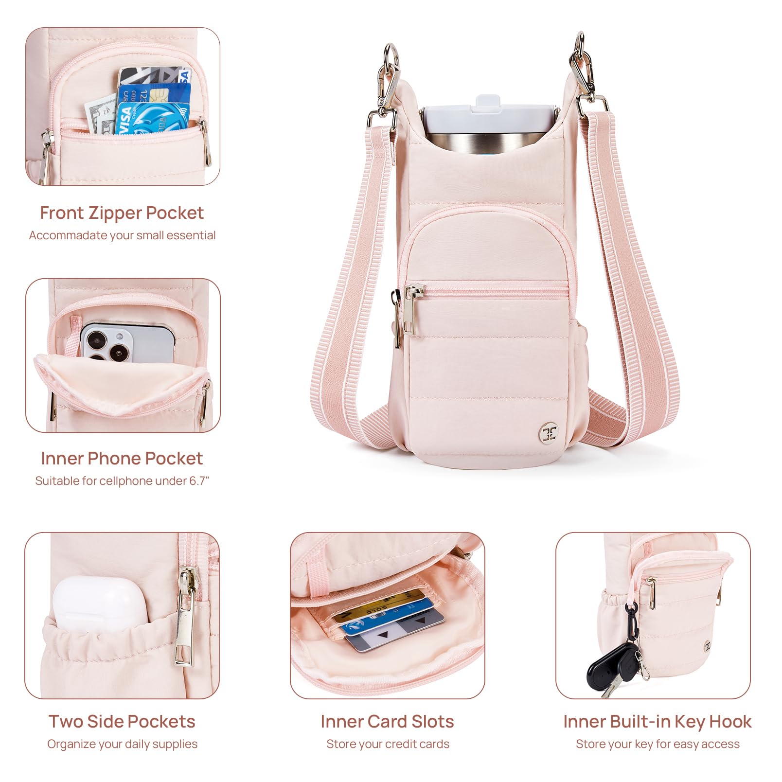 Telena Water Bottle Holder With Strap Crossbody Bags For Women For Walking, Hiking, Cycling Pink