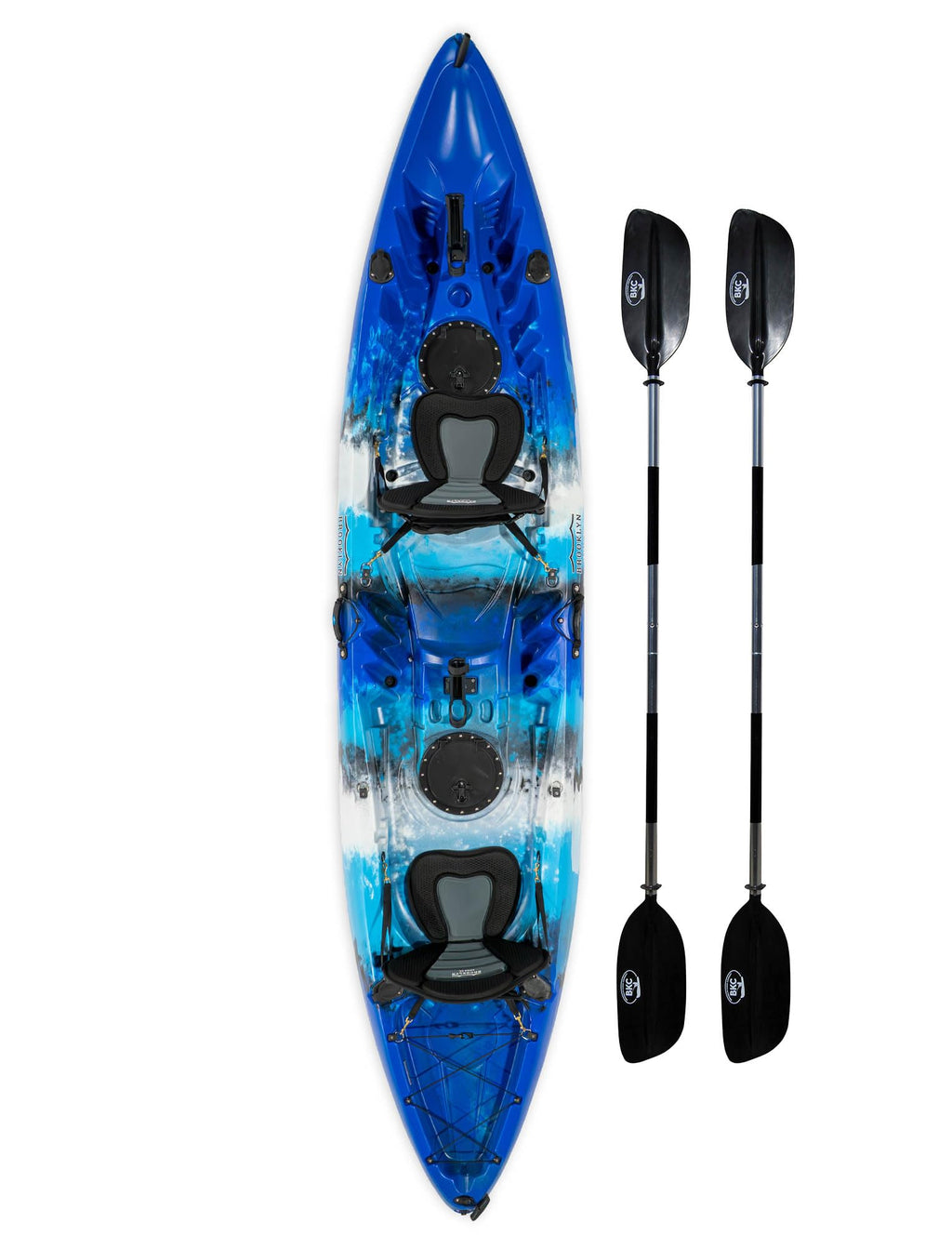 Bkc Tk219 12.2' Tandem Fishing Kayak W/Soft Padded Seats, Paddles,6 Rod Holders Included 2-3 Person Angler Kayak (Blue)