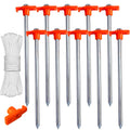 Abccanopy 15 Inch Tent Stakes 10 Pcs Non-Rust Metal Ground Anchors, Heavy Duty Spikes With 4 Ropes For Outdoor Camping, Orange