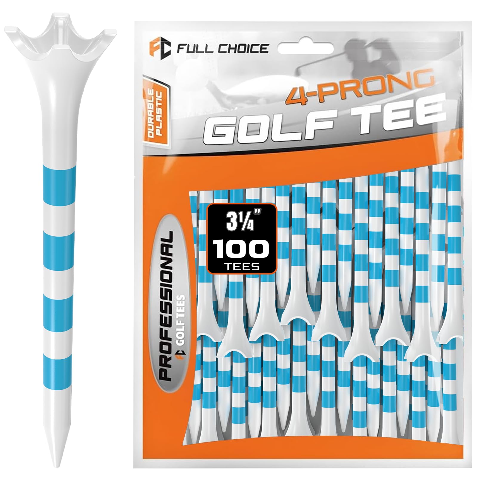 Full Choice 100 Pack Plastic Golf Tees 3-1/4 - Low Resistance Design to Reduce Friction & Boost Distance, White with Blue Stripe