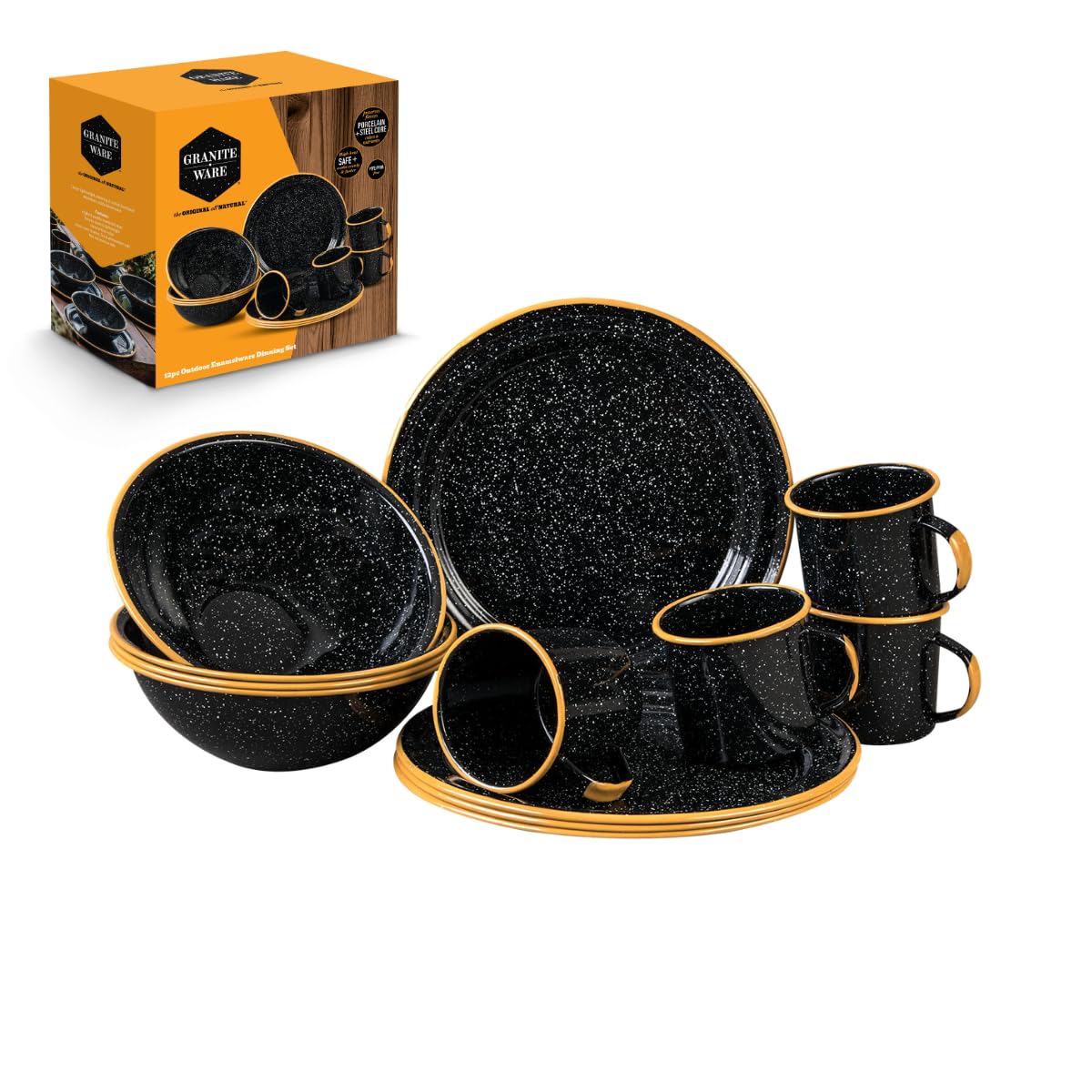 Granite Ware 12-Piece Outdoor Set, Enameled Steel, Perfect For Camping & Picnics - Speckled Black With Color Rim