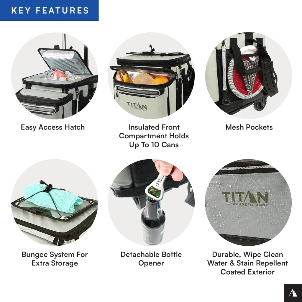 Titan Deep Freeze 60 (50+10) Can Wheeled Cooler - Collapsible Rolling Cooler with Wheels and All-Terrain Cart, Seagrass