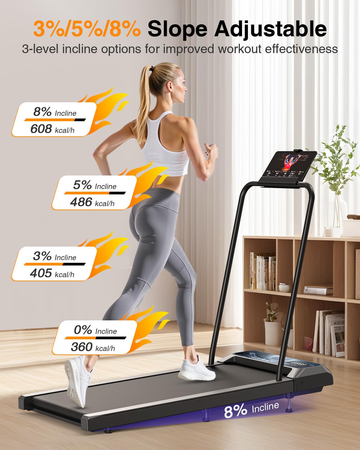 Rjop Walking Pad Treadmill With 8% Adjustable Incline And Removable Handle Bar, Compact Under Desk Treadmills For Home Small Wit