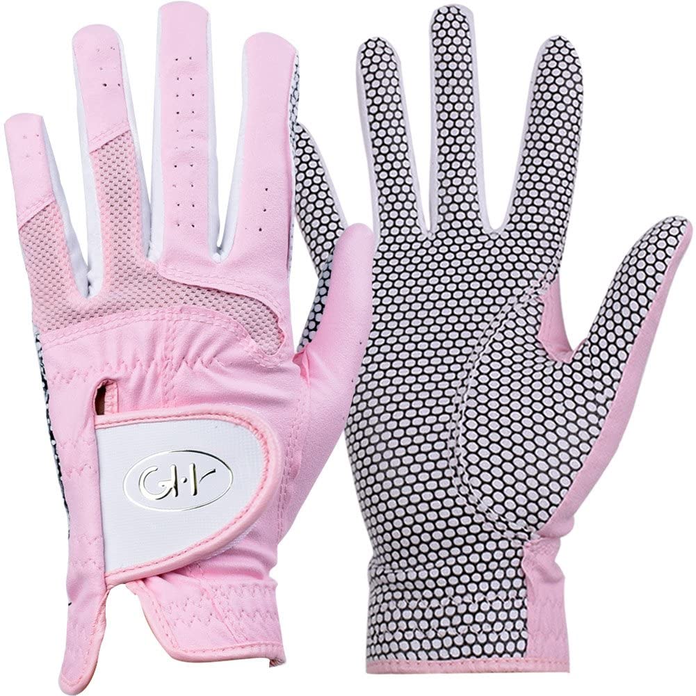 Gh Womens Leather Golf Gloves One Pair - Plain Both Hands (Pink, 18 (Xs))