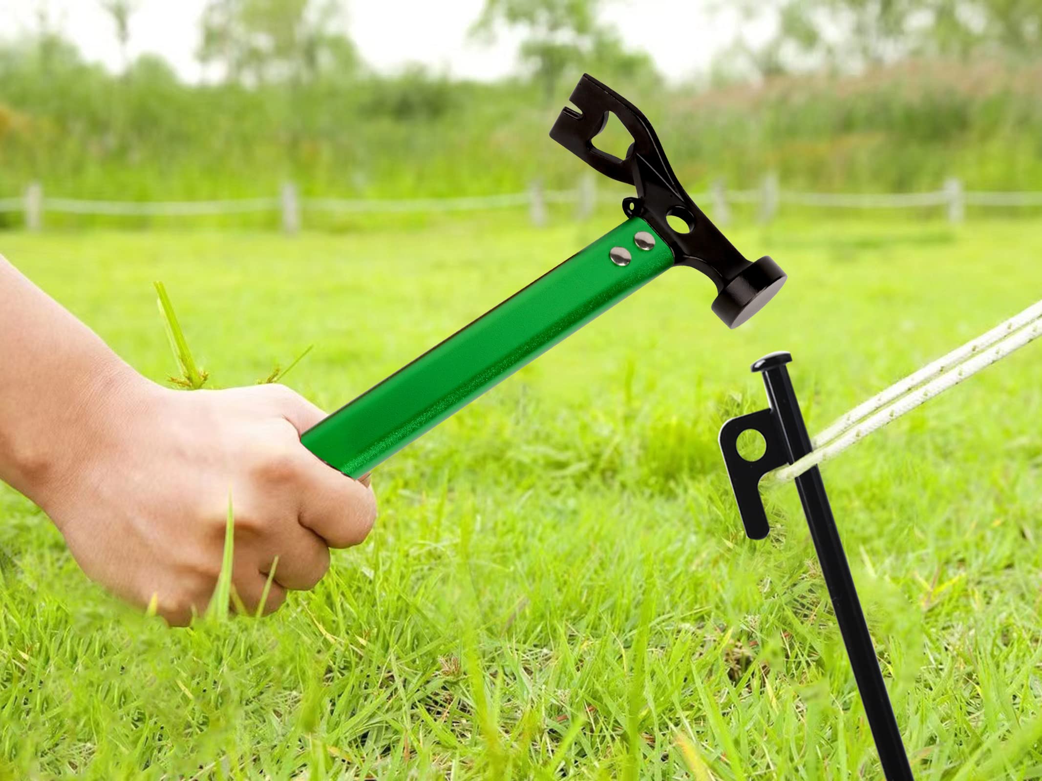 Carbon Steel Aluminum Camping Hammer, 12 Small Lightweight Three-In-One Functional Tent Stake Hammer For Hiking Kit Green
