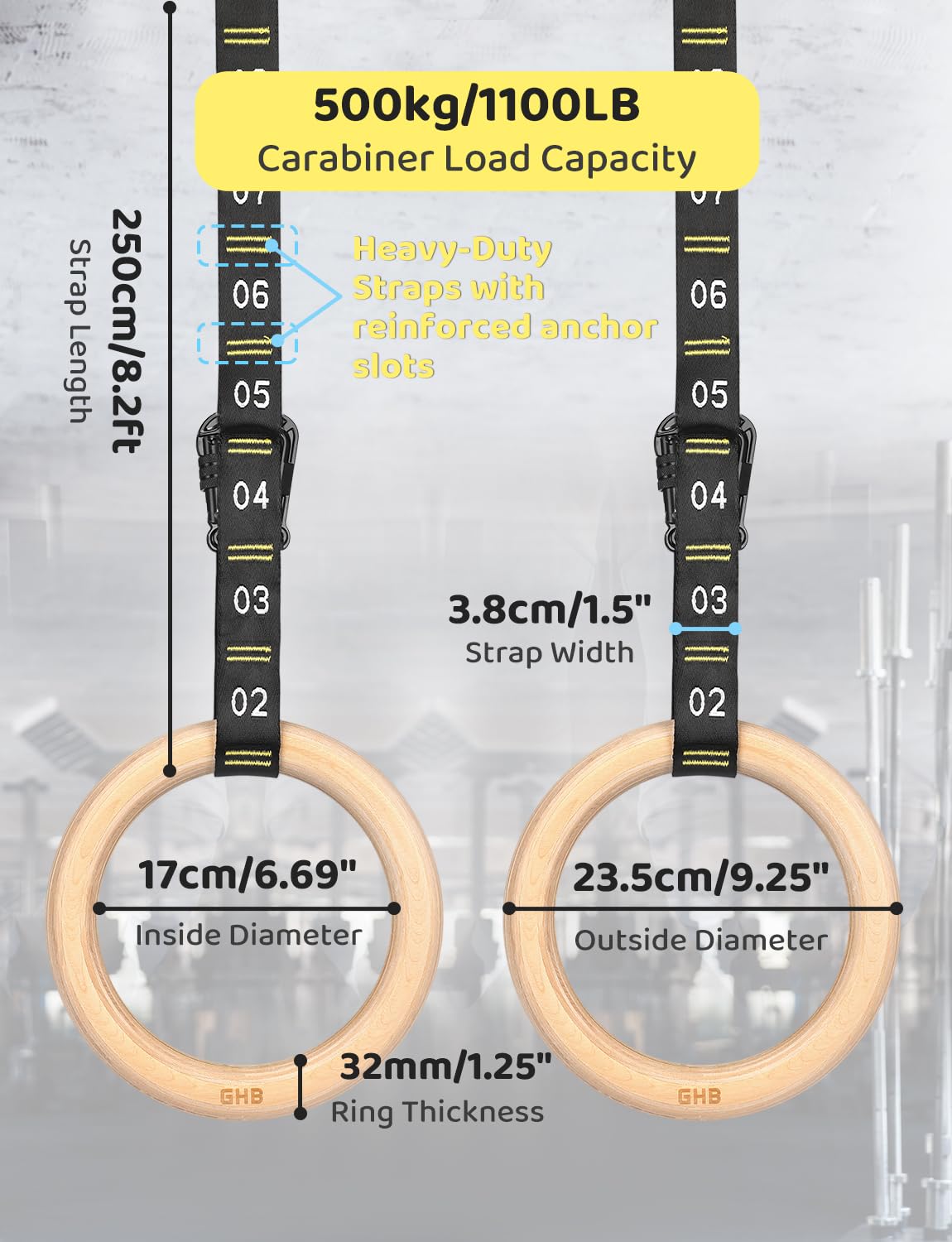 Ghb Gymnastic Rings Wooden Gym Rings 1.25'' Olympic Rings Adjustable Numbered Straps Pull Up Rings Sets For Workout Bodyweight F