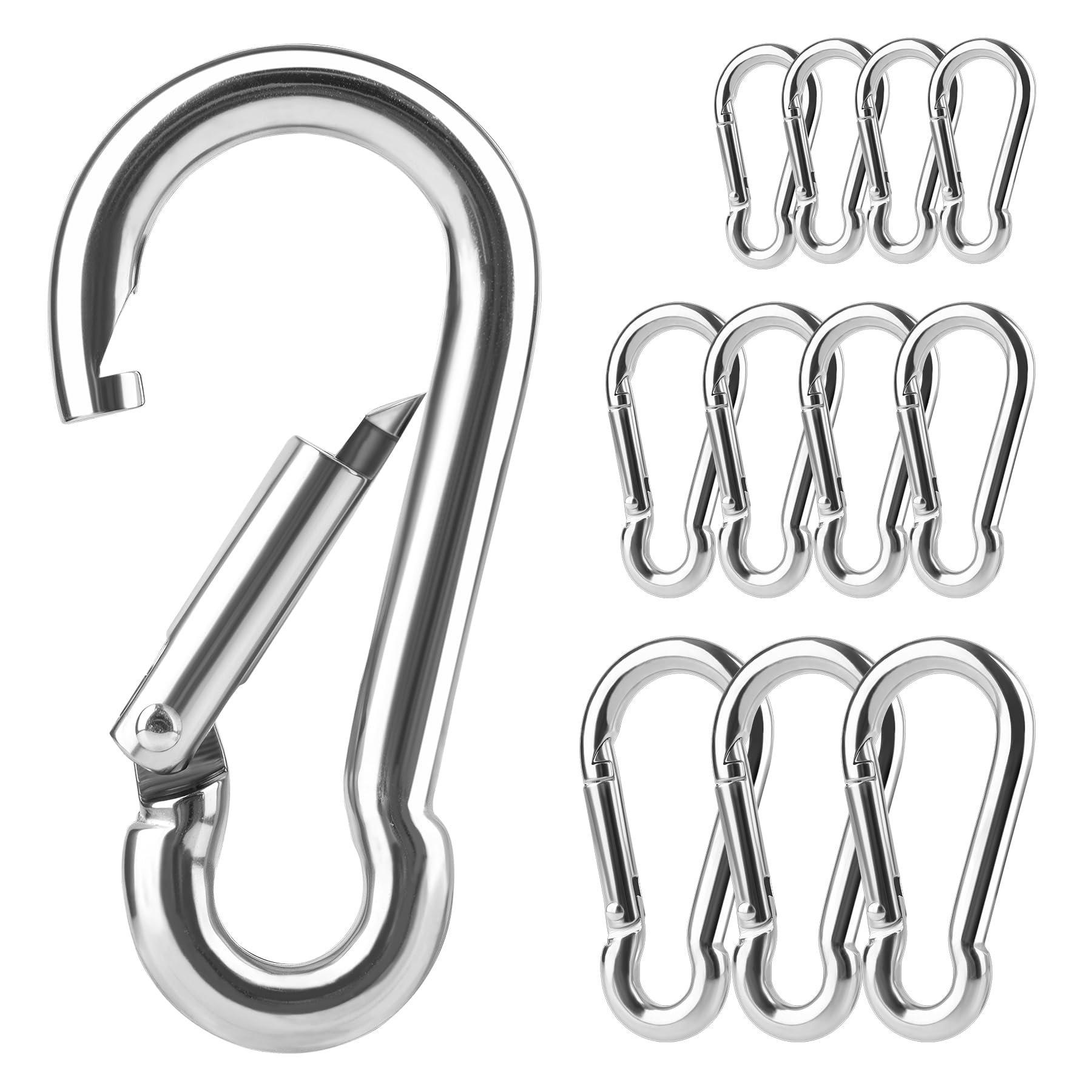 Gopal 12Pack Carabiner Clip Keychain: Mixed Size Stainless Steel Spring Snap Hook - Heavy Duty Small Carabiners -Sliver Carabine