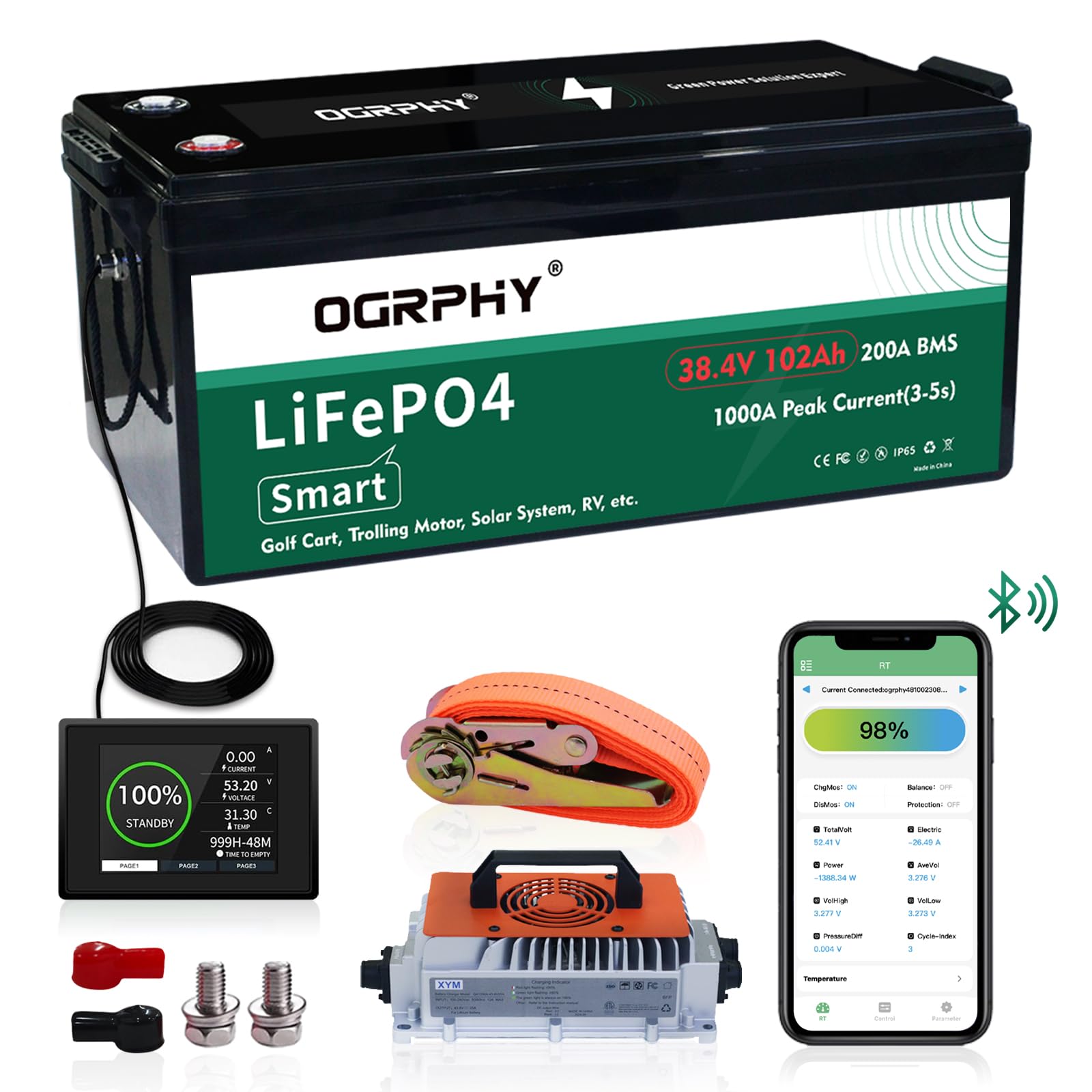 Ogrphy 36V Lithium Golf Cart Battery Conversion Kit, 200A Bms(1000A Peak Current), With Touch Monitor And Retention Strap, 4000+