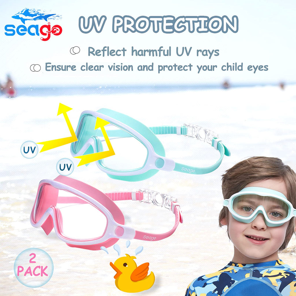 Seago Swim Goggles 2 Pack Anti-Fog Anti-Uv Wide View Swimming Goggles With Uv Protection|Adjustable|Anti Fog For Kids 3-15, Ligh