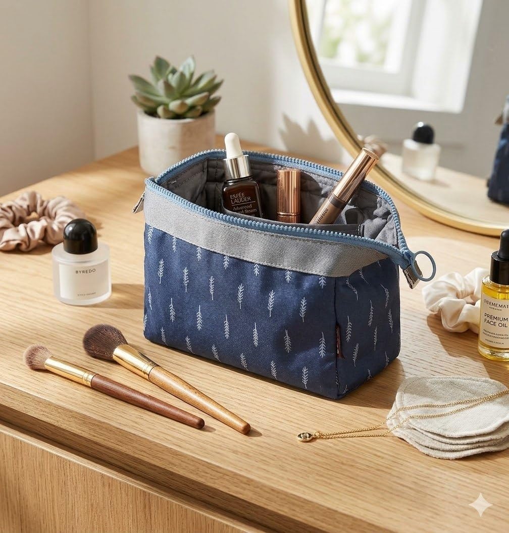Naylon Cosmetic Toiletry Makeup Pouch With Portable Travel Multipurpose WaterResistant Zipper Makeup Brush Bags  Blue Leaf Asp