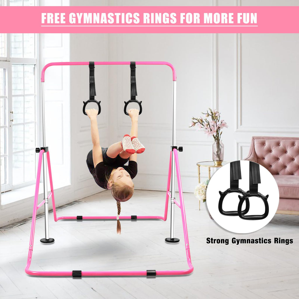 Beeyeo Gymnastics Bar, Expandable Horizontal Bars With Rings, Gymnastics Training Bar Indoor Gym Equipment For Kids Grip Trainin