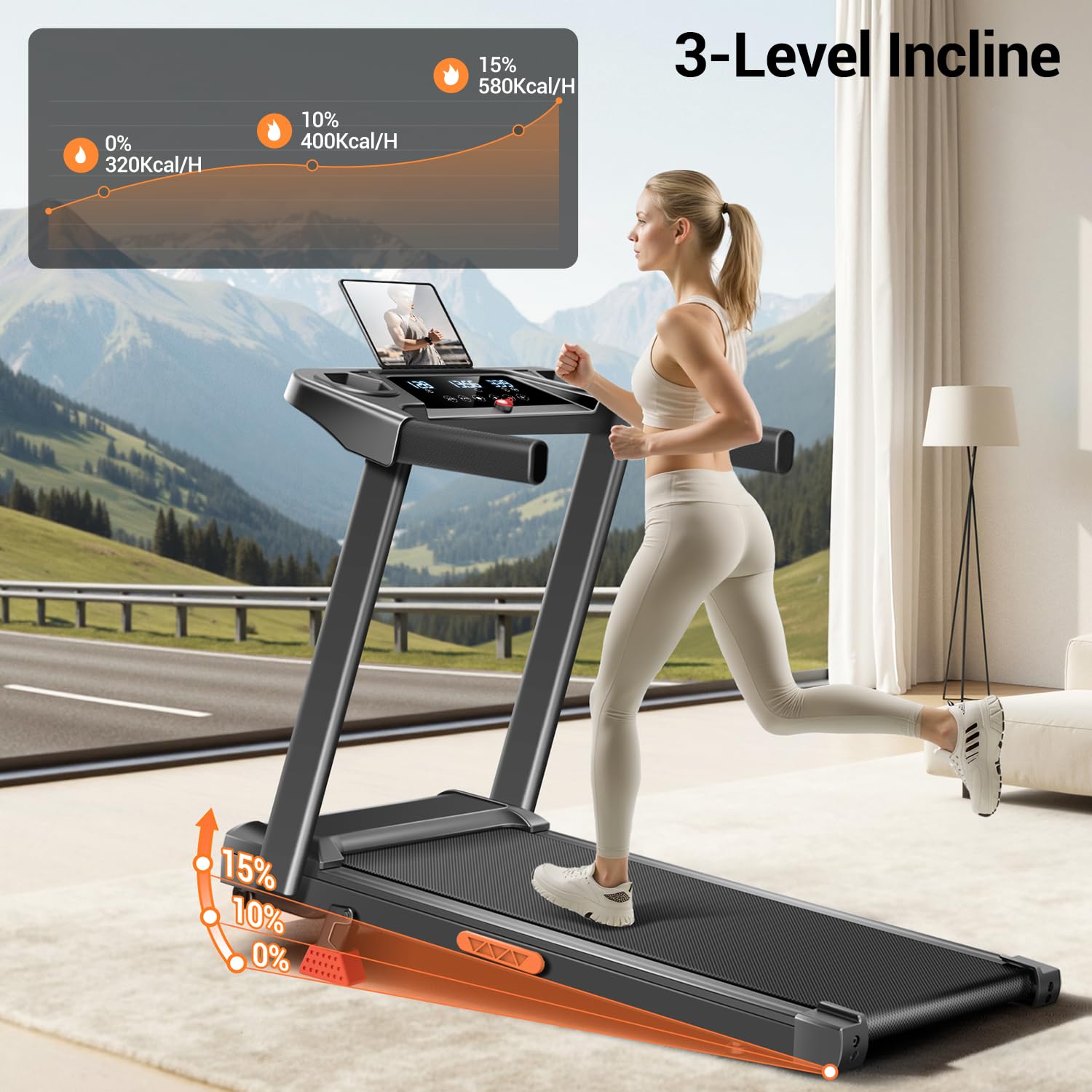 12% Incline Treadmill with Handle, 3-in-1 Portable Treadmills for Home and Office, Foldable Treadmills with 300 Lbs Weight Capac