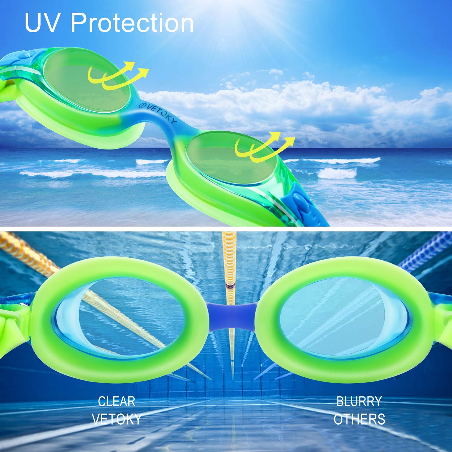 Vetoky Kids Swim Goggles, Pack Of 2 Anti Fog Swimming Goggles Uv Protection Clear No Leaking For Child And Youth Ages 3-12 Blue+