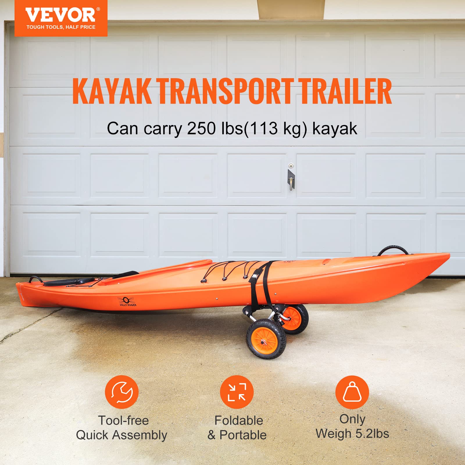 Vevor Kayak Cart, 250Lbs Load Capacity, Foldable Kayak Dolly Aluminum Kayak Wheels With 10 Solid Tires For Kayaks Carrier Canoes