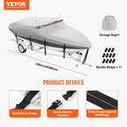 Vevor Boat Cover, 16'-18.5' Trailerable Waterproof Boat Cover, 600D Marine Grade Pu Oxford, With Motor Cover And Buckle Straps,