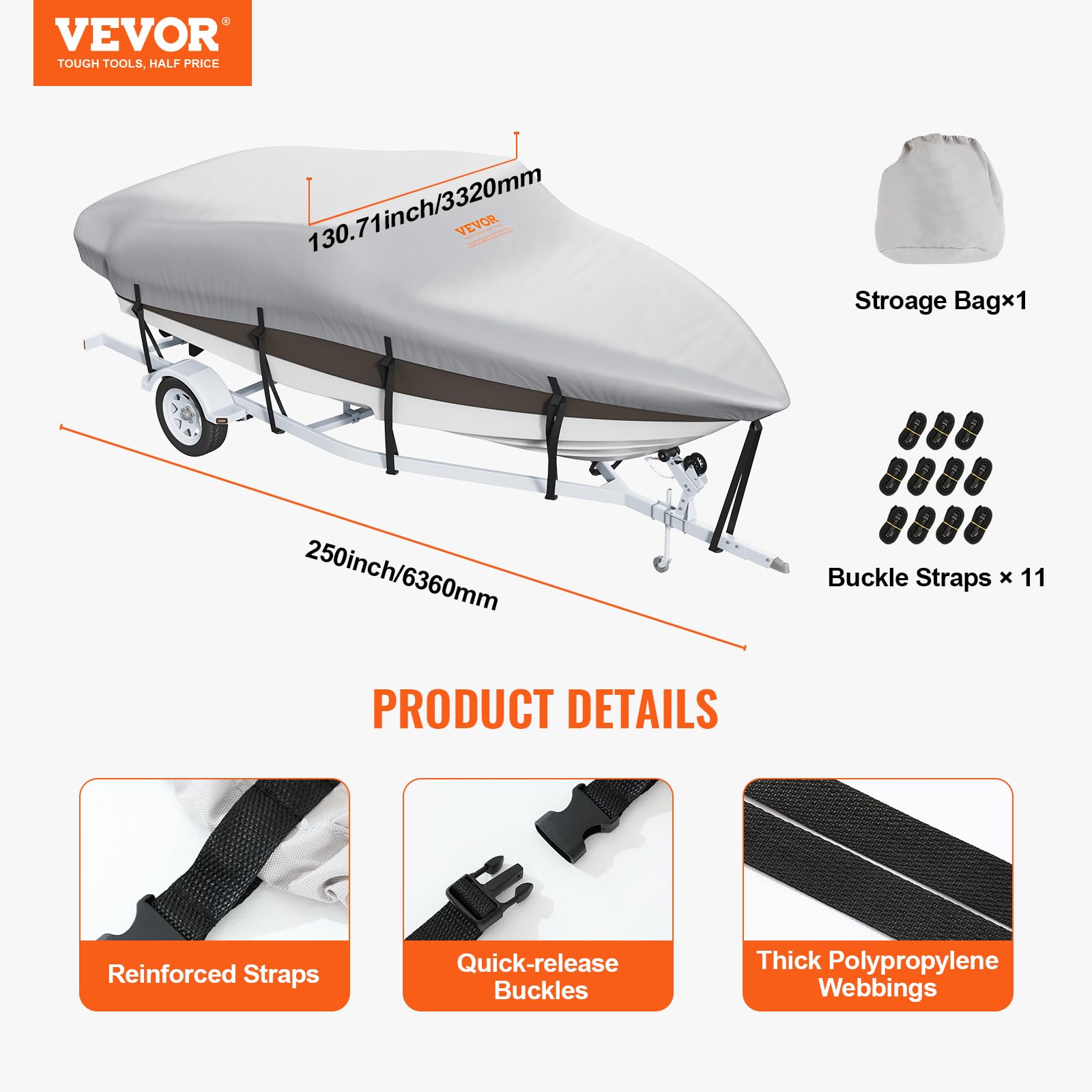 Vevor Boat Cover, 16'-18.5' Trailerable Waterproof Boat Cover, 600D Marine Grade Pu Oxford, With Motor Cover And Buckle Straps,