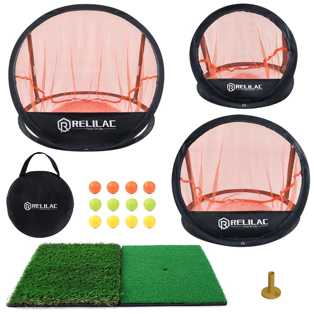 Relilac 3 Piece Golf Chipping Net With Dual Turf Hitting Mat And 12 Foam Training Balls - Indoor/Outdoor Golfing Target Accessor